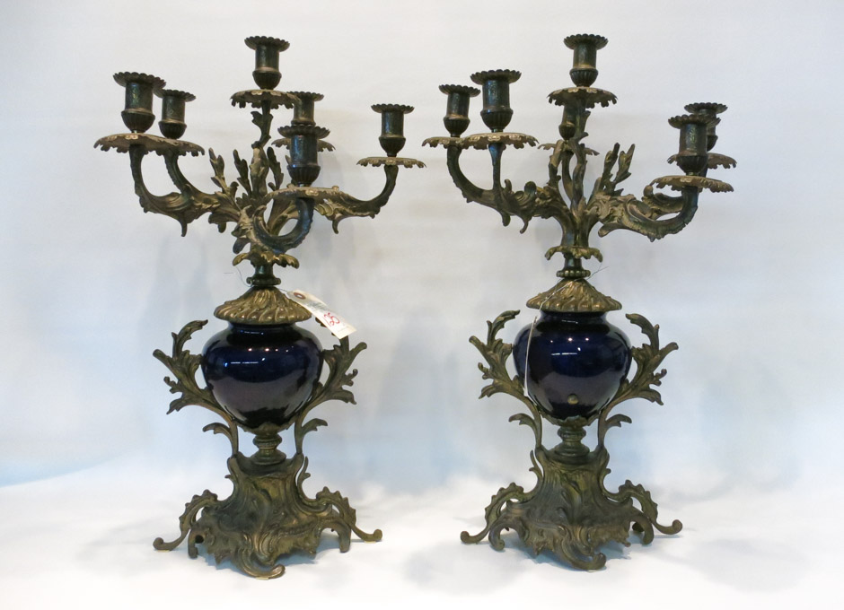 Appraisal: PAIR FRENCH GILT BRONZE COBALT BLUE CANDELABRA The -light candelabra