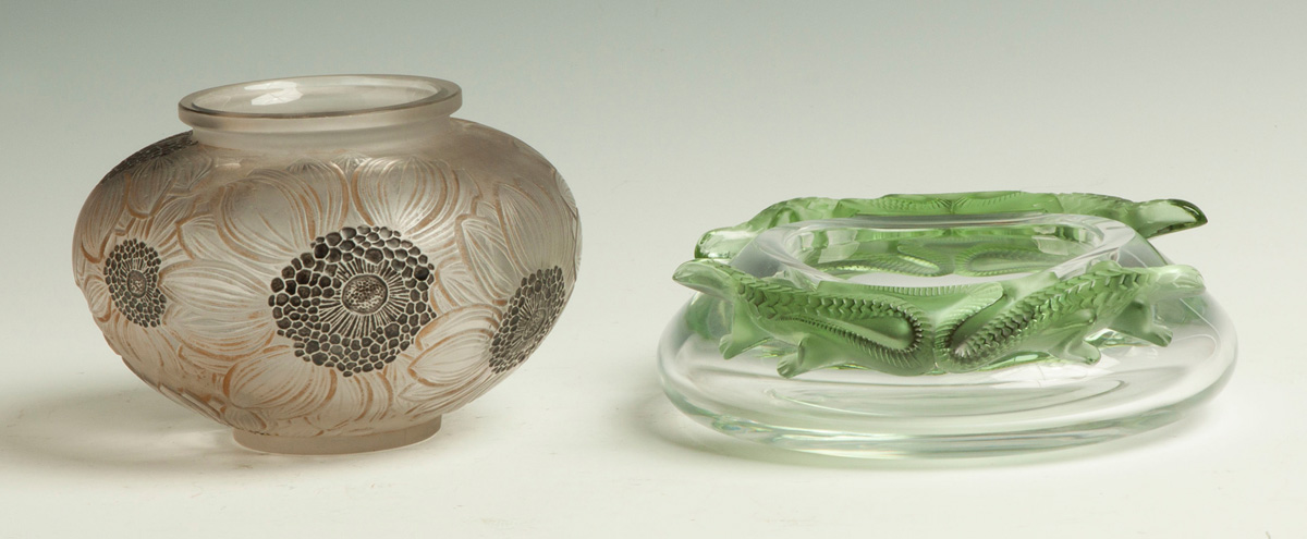 Appraisal: Lalique Bowl with Molded Applied Lizards Early th cent Inscribed