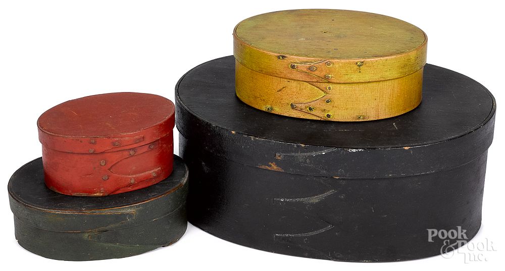 Appraisal: Four painted bentwood boxes th c Four painted bentwood boxes