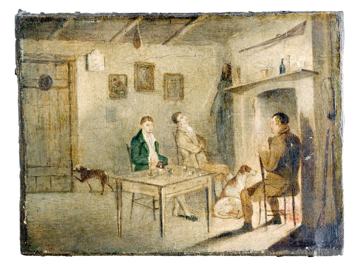 Appraisal: ENGLISH TAVERN INTERIOR WITH MEN AND DOGS AT A COUNTRY