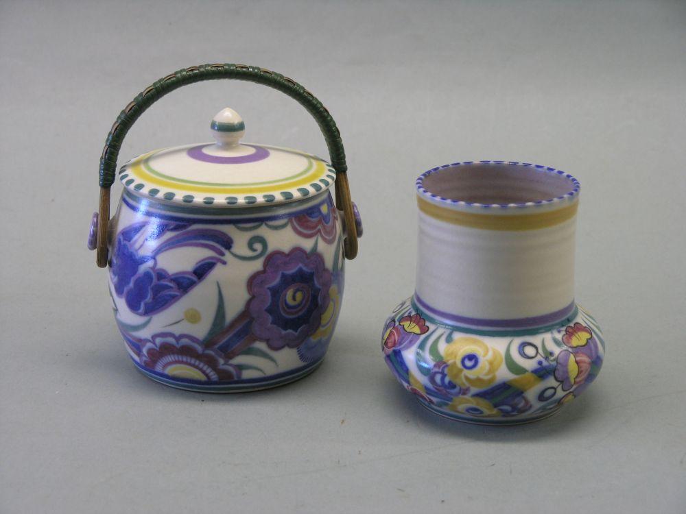 Appraisal: Two 's Poole pots biscuit barrel with cover and vase