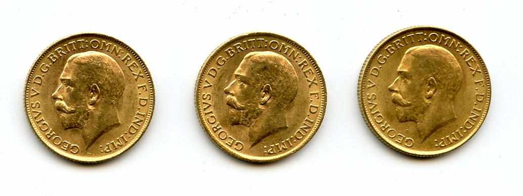 Appraisal: Great Britain George V Sovereigns KM- A lustrous trio each