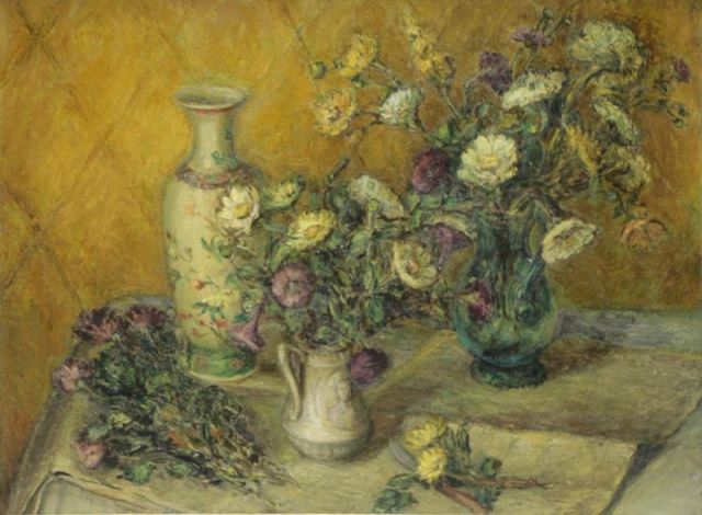 Appraisal: ROBERTS Helene Oil on Canvas Still Life withFlowers Vases and