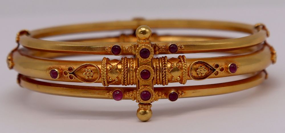 Appraisal: JEWELRY Etruscan Revival High Karat Gold and Ruby Bracelet Beautiful