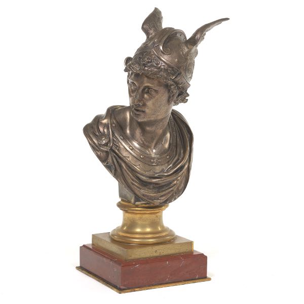 Appraisal: SILVERED BRONZE BUST OF HERMES MERCURY ON BRASS AND MARBLE