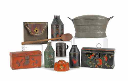 Appraisal: Collection of toleware to include caddies dome lid boxes etc