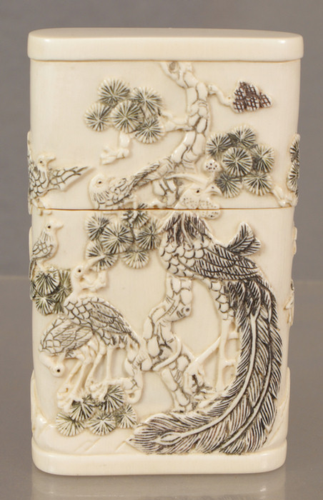 Appraisal: Carved ivory box with exotic birds and lotus approximately high