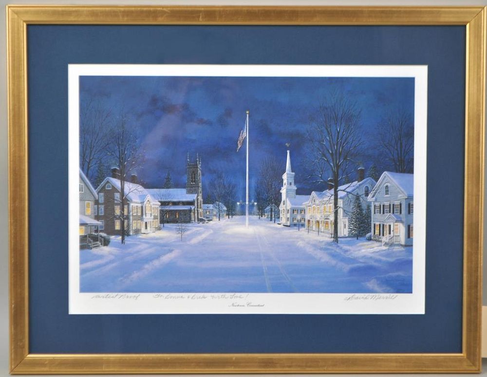 Appraisal: David Merrill Signed Lithograph A P Newtown CT flag pole