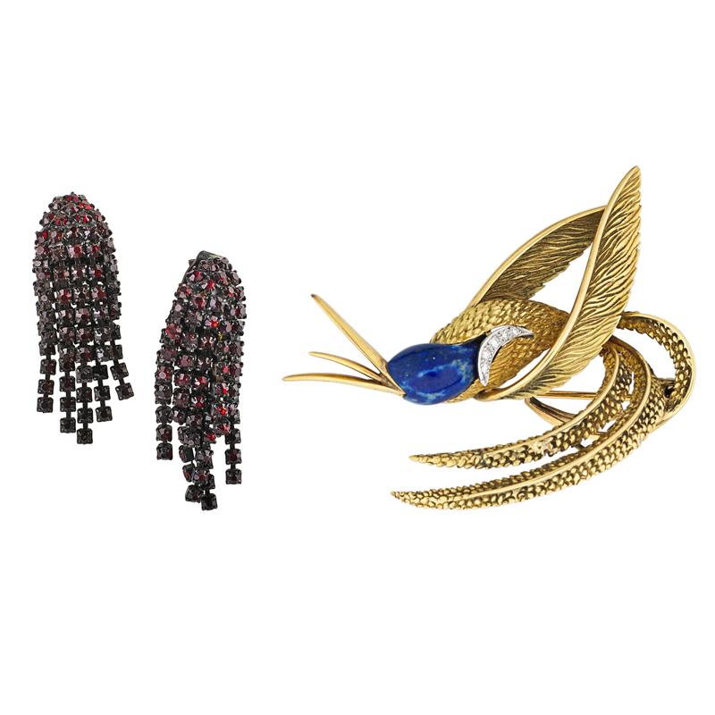 Appraisal: SILVER HUMMINGBIRD BROOCH GARNET GLASS EARRINGS French silver gilt hummingbird