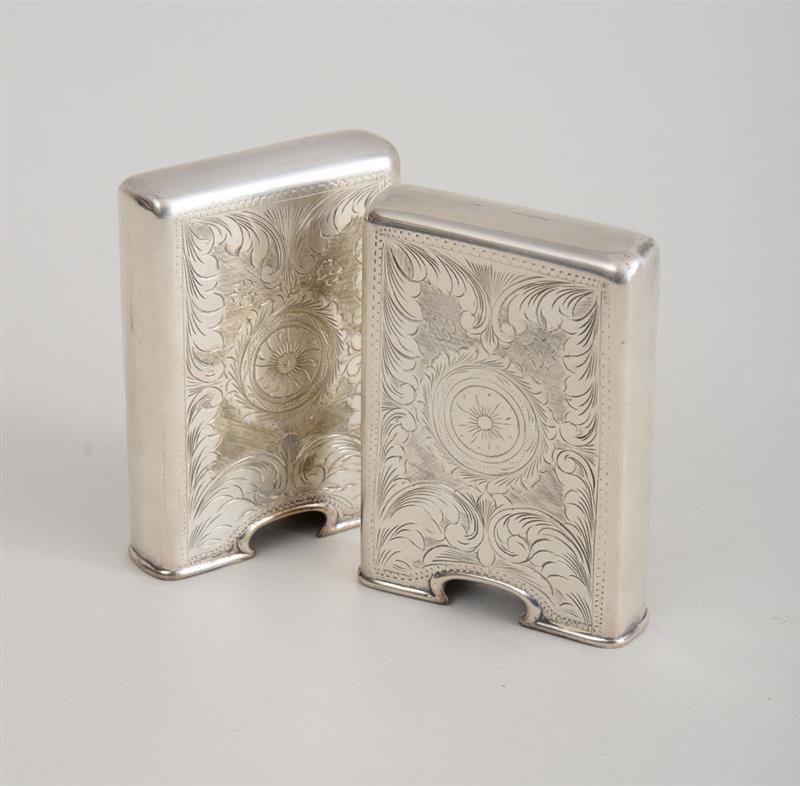 Appraisal: PAIR OF SILVER-PLATED PLAYING CARD HOLDERS Each engraved with acanthus