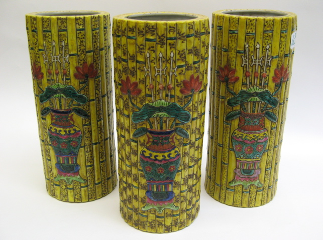 Appraisal: SET OF THREE CHINESE POTTERY VASES brush washer form with