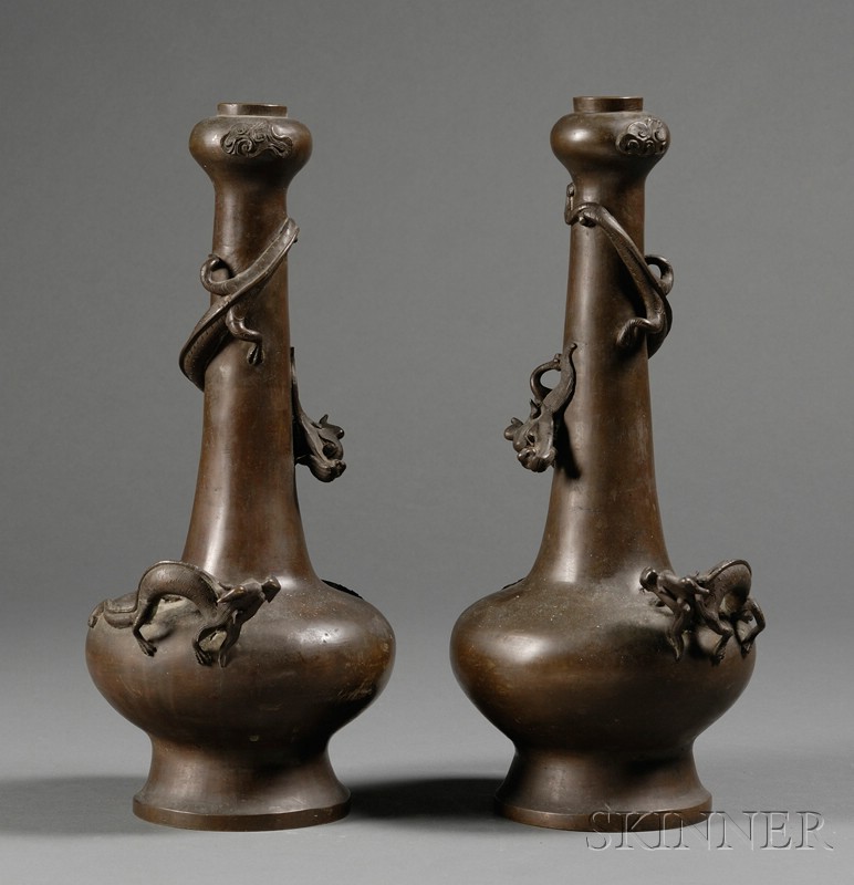 Appraisal: Pair of Bronze Vases China th century bottle-shaped with garlic