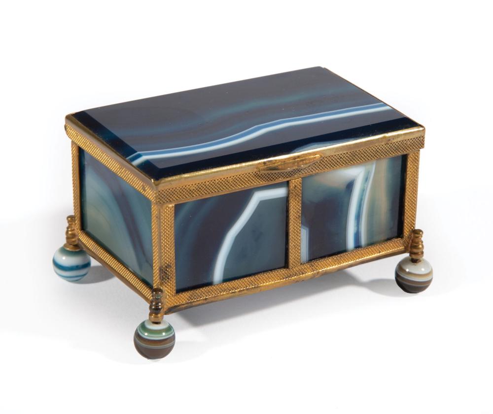 Appraisal: Continental Bronze-Mounted Striped Blue Agate Dresser Box hinged lid ball