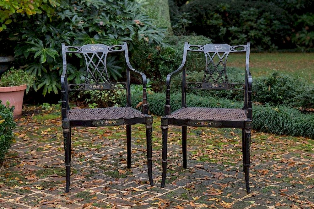 Appraisal: Regency Caned Painted Chairs Pair of Edwardian Ebonized Armchairs Pair