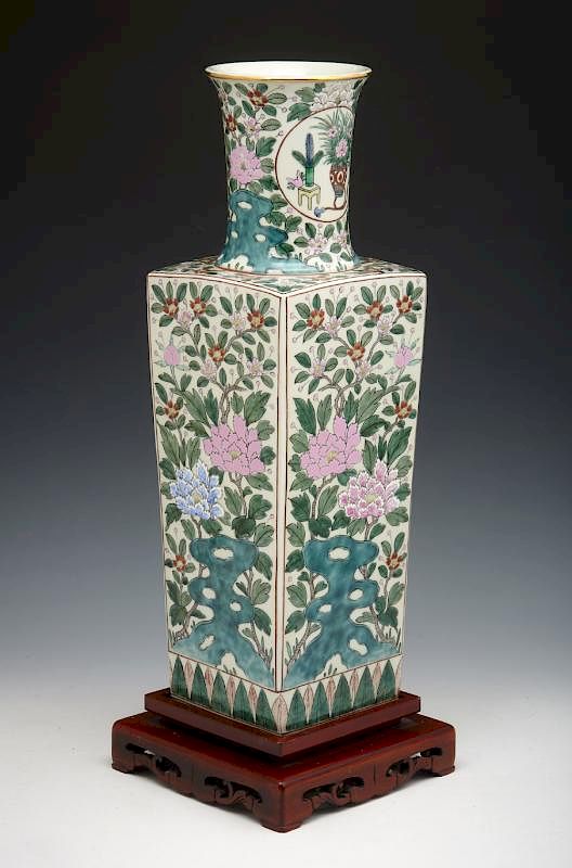 Appraisal: Chinese square baluster form vase on stand Chinese square baluster