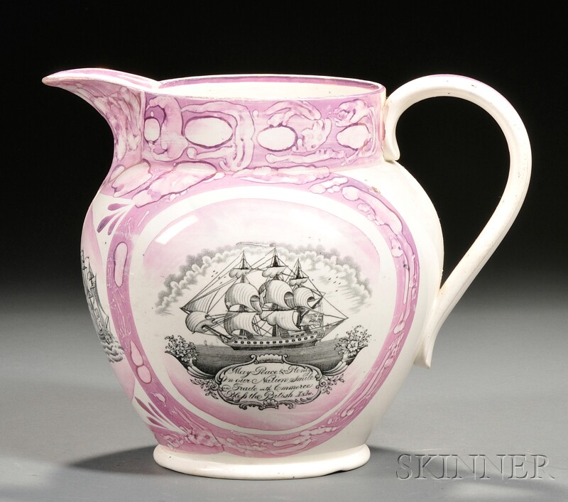 Appraisal: Large Sunderland Pink Lustre Transfer-decorated Pottery Jug England th century