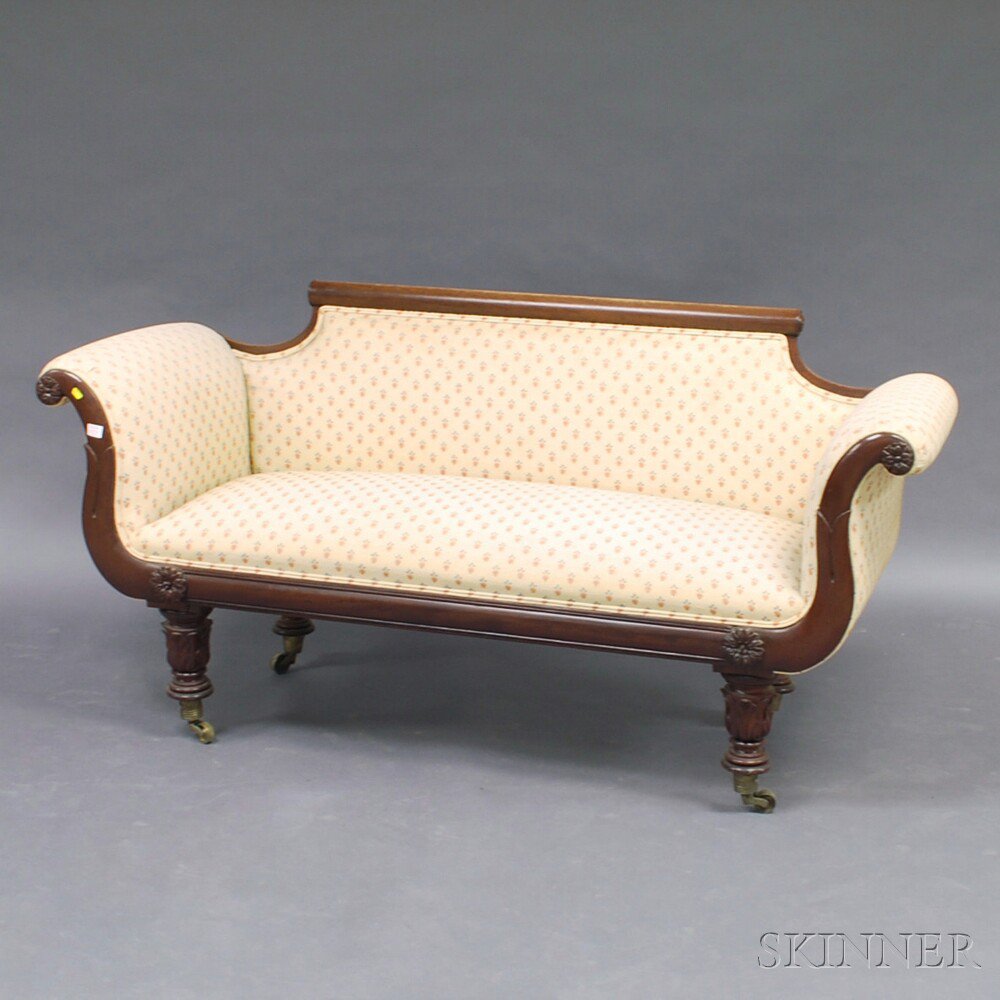 Appraisal: Classical Carved Mahogany Settee early th century the cylindrical crest