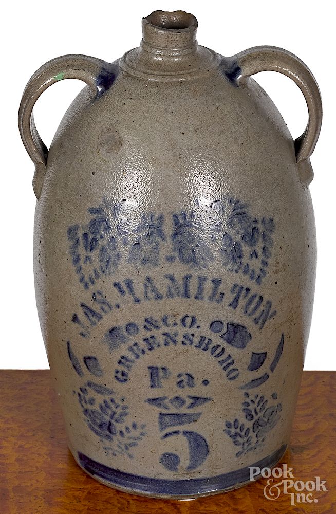 Appraisal: Western Pennsylvania five-gallon stoneware jug Western Pennsylvania five-gallon stoneware two-handled