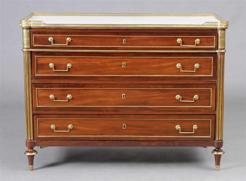 Appraisal: LOUIS XVI BRASS-MOUNTED MAHOGANY COMMODE The white marble top with