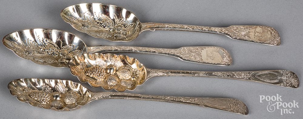 Appraisal: Four English bright cut silverberry spoons Four English bright cut