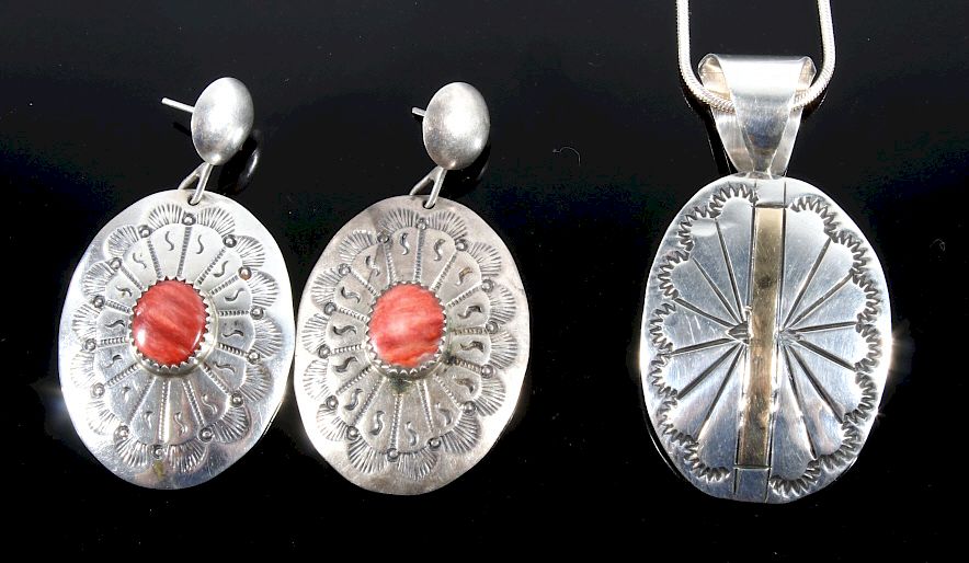 Appraisal: Sterling Silver and Gold Necklace Coral Earrings Featured in this