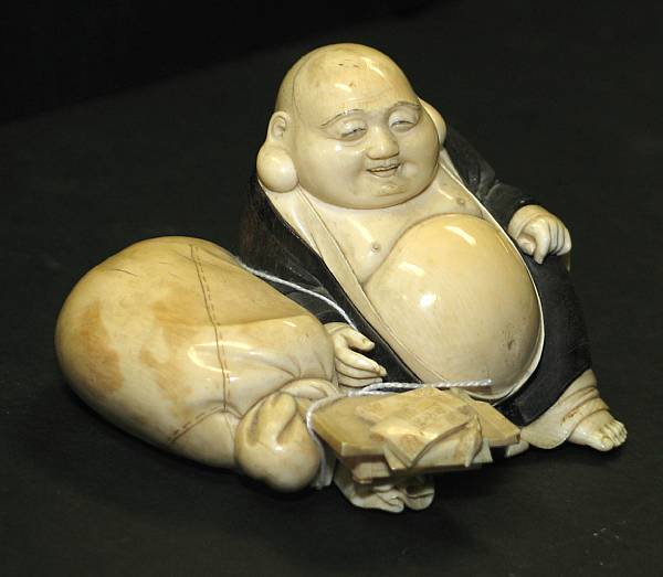 Appraisal: An ivory study of Hotei Meiji Period Seated with his