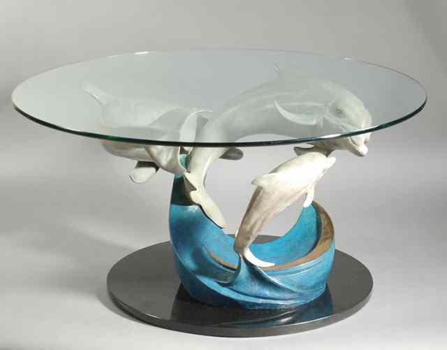 Appraisal: RIP CASWELL TROUTDALE OREGON ORIGINAL FIGURAL BRONZE TABLE ''Dolphin Coffee