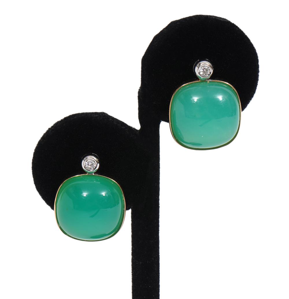 Appraisal: PR K YG DIAMOND CHRYSOPRASE EARRINGSPair of K yellow gold