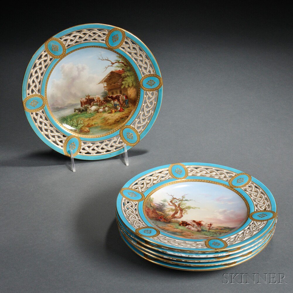 Appraisal: Six Mintons Porcelain Hand-painted Plates England c each with pierced