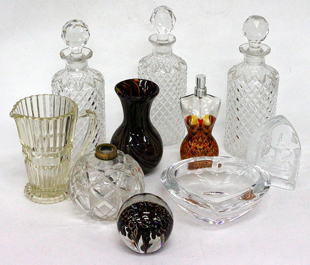 Appraisal: THREE CUT GLASS DECANTERS one scent bottle as found one