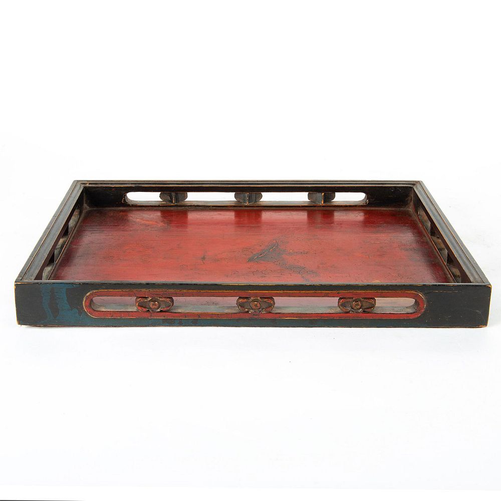 Appraisal: ANTIQUE TH CENTURY CARVED WOODEN SERVING TRAY INDIA Red and