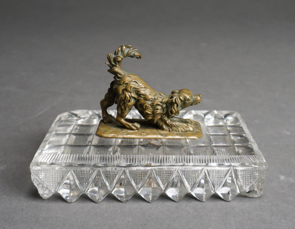 Appraisal: Bronze Figure of Dog Mounted on Cut Crystal Paperweight L