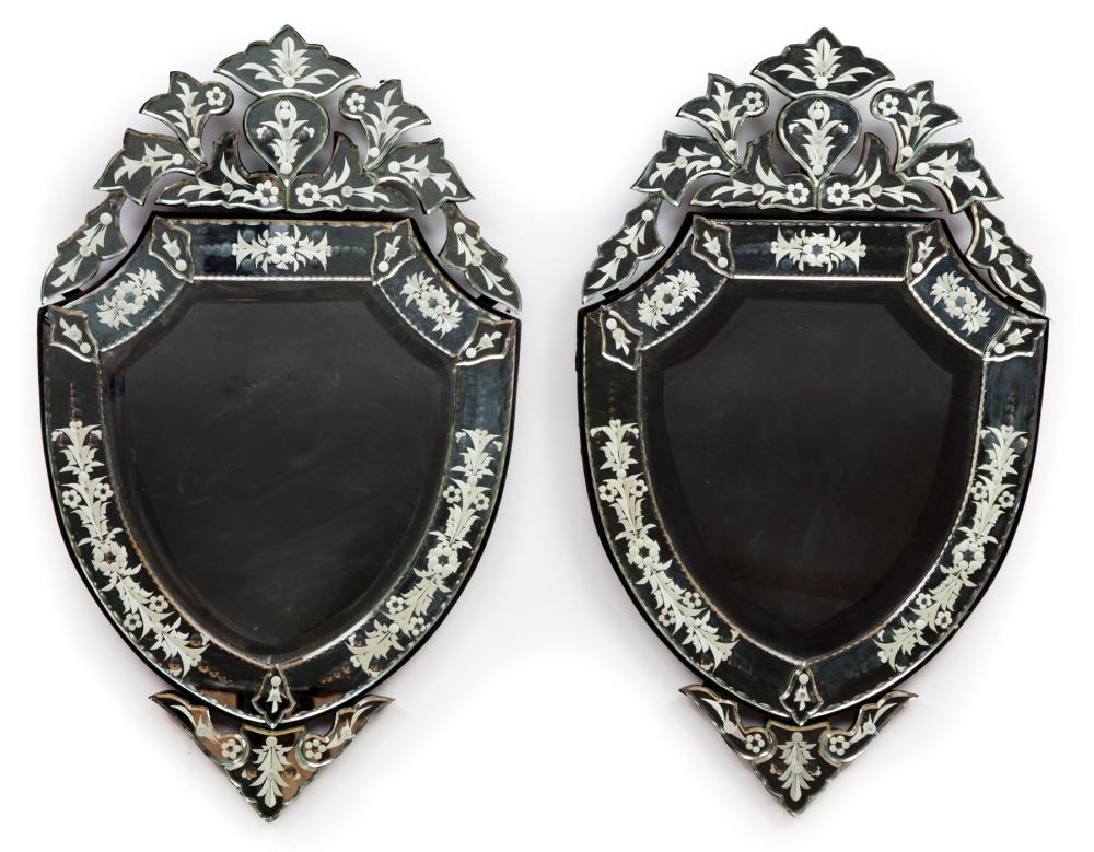 Appraisal: Pair of Venetian Beveled and Engraved Glass Mirrors shield shaped