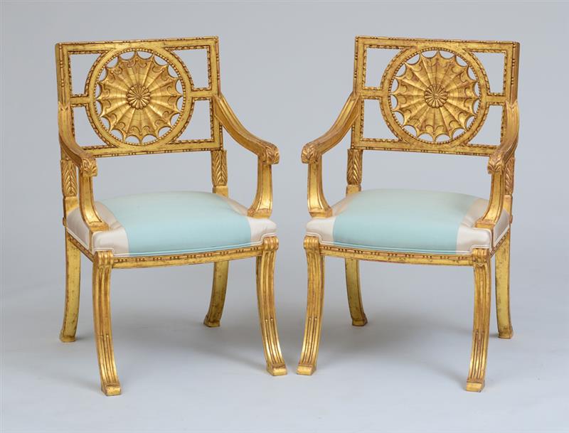 Appraisal: PAIR OF ITALIAN NEOCLASSICAL STYLE GILTWOOD ARMCHAIR Each with a