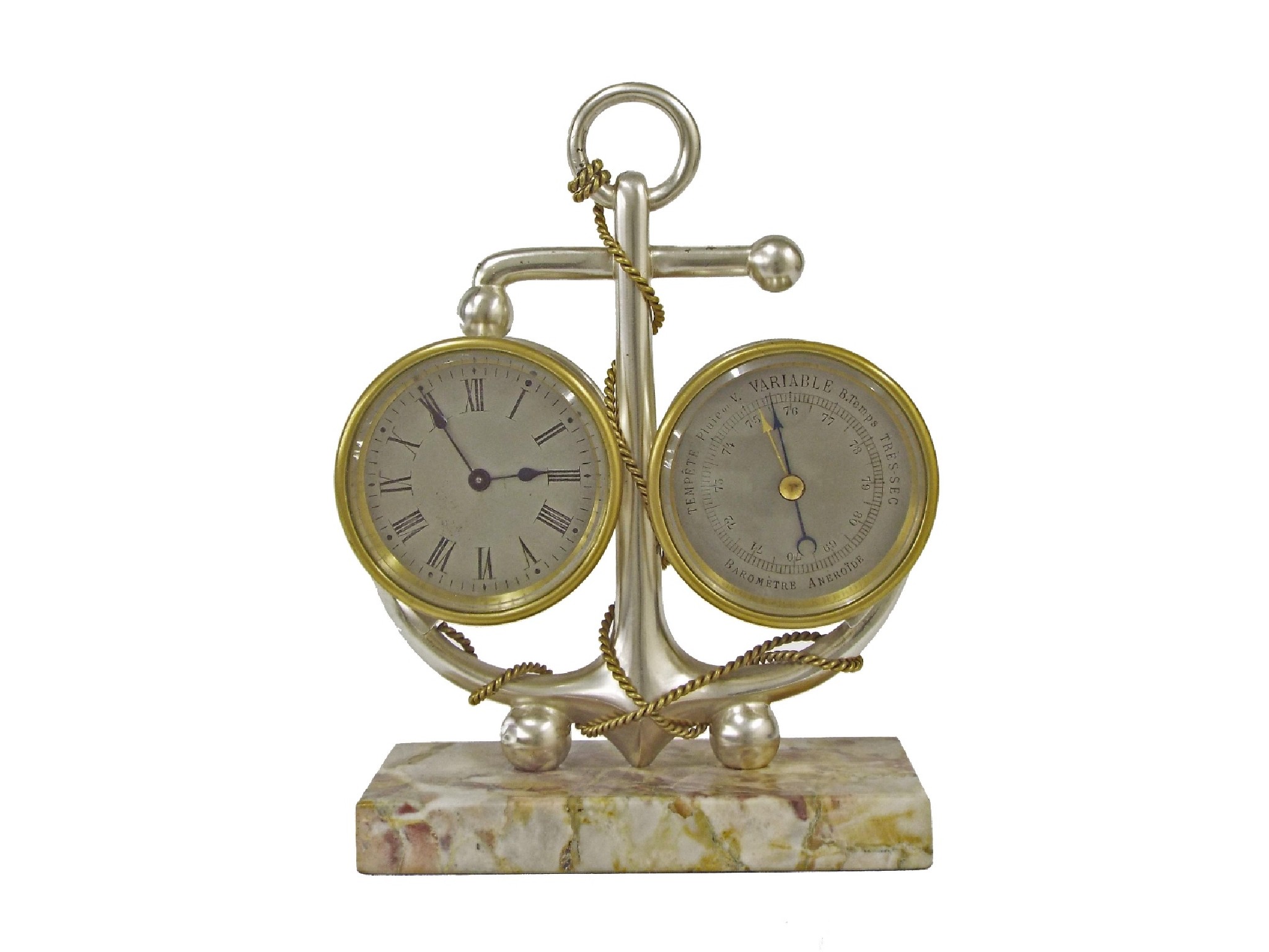 Appraisal: French white metal and marble clock aneroid barometer of nautical