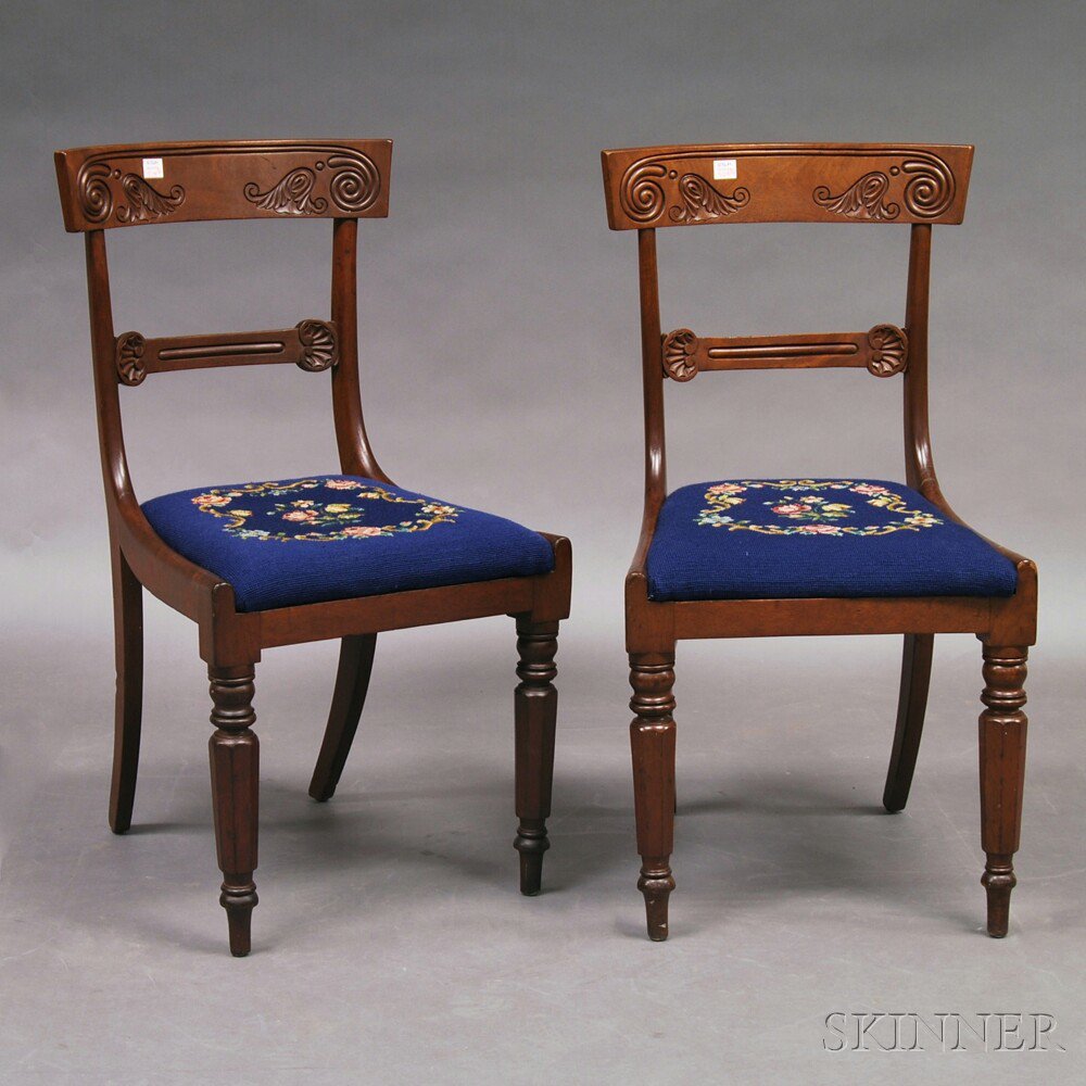 Appraisal: Pair of French Carved Walnut Empire Chairs th century the