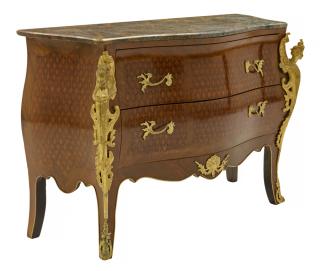 Appraisal: A LOUIS XV STYLE ORMOLU MOUNTED PARQUETRY MARBLE TOP COMMODE