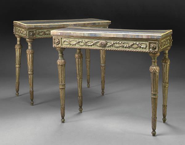 Appraisal: A pair of Italian Neoclassical paint decorated console tables th