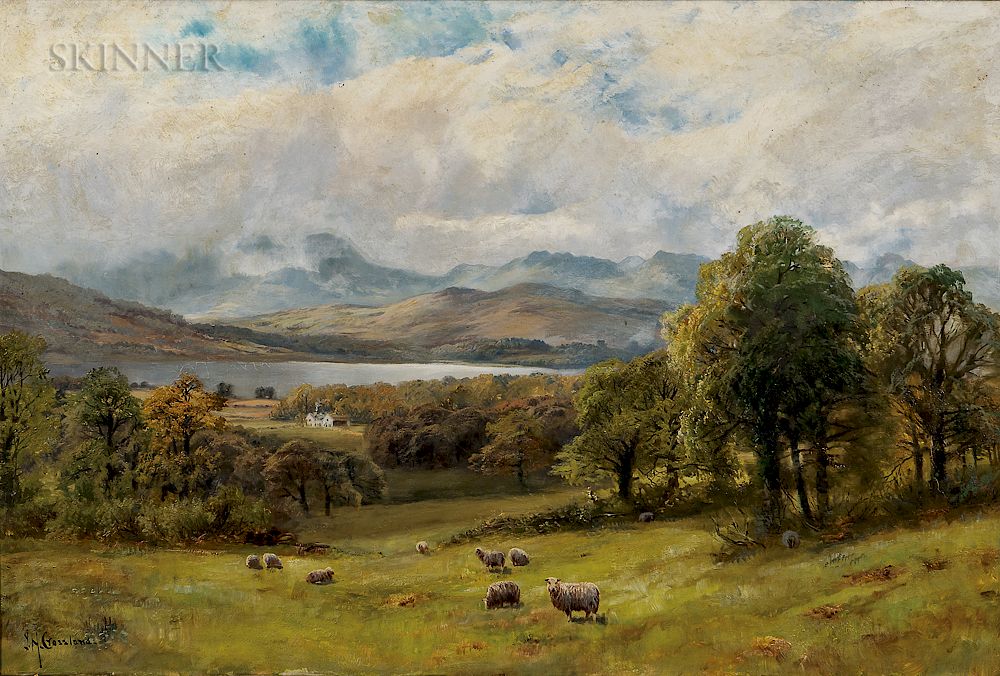 Appraisal: James Henry Crossland British - Valley Landscape with Sheep at