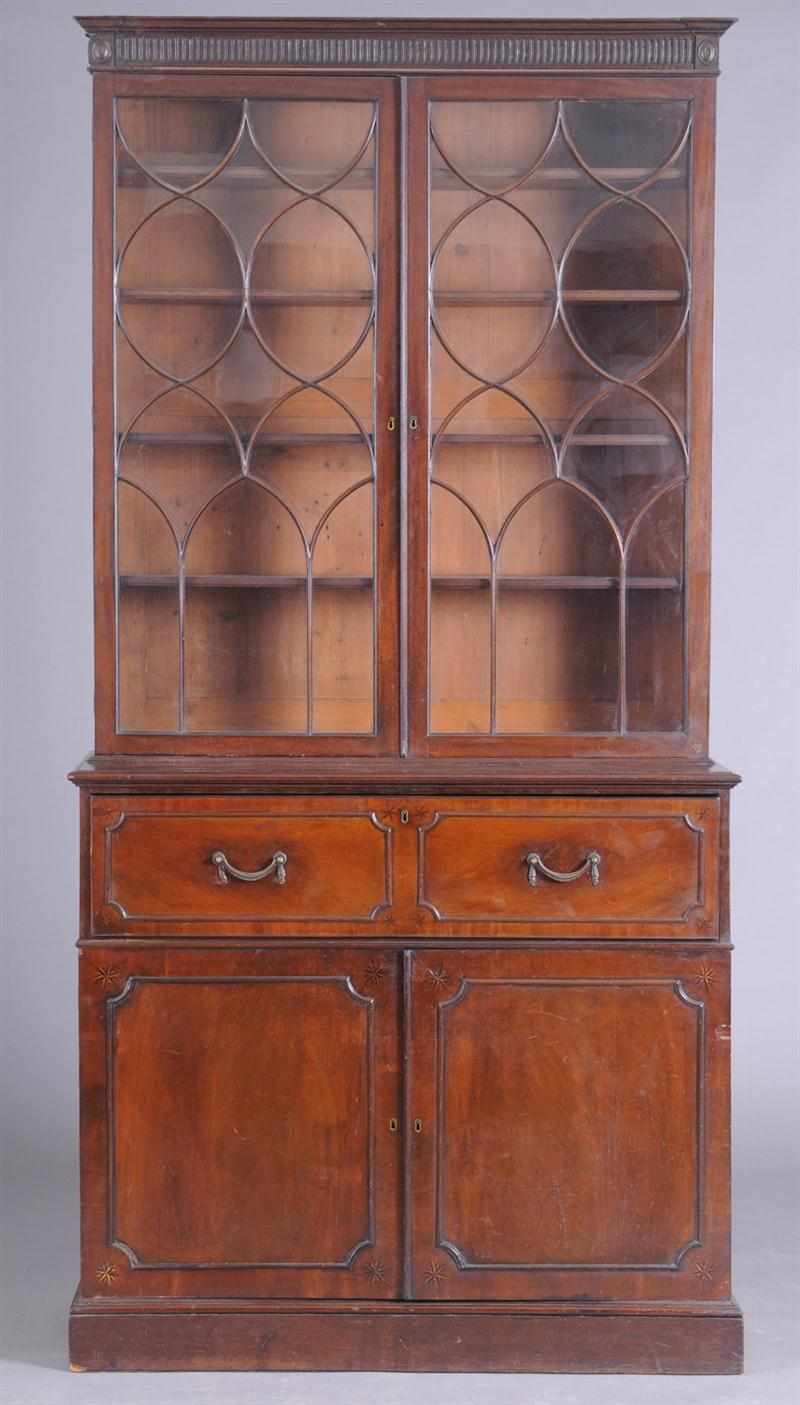 Appraisal: GEORGE III INLAID AND CARVED MAHOGANY BOOKCASE CABINET The fluted