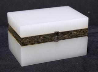 Appraisal: Milk Glass Ormolu The near-opaque rectangular prismatic opaline glass box