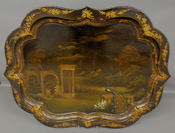 Appraisal: - Large Victorian black lacquerware tray decorated with a landscape