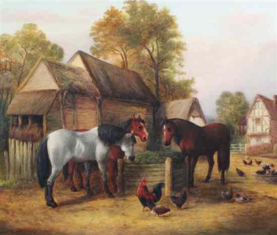 Appraisal: J F Herring oil on canvas Chicken and horses in