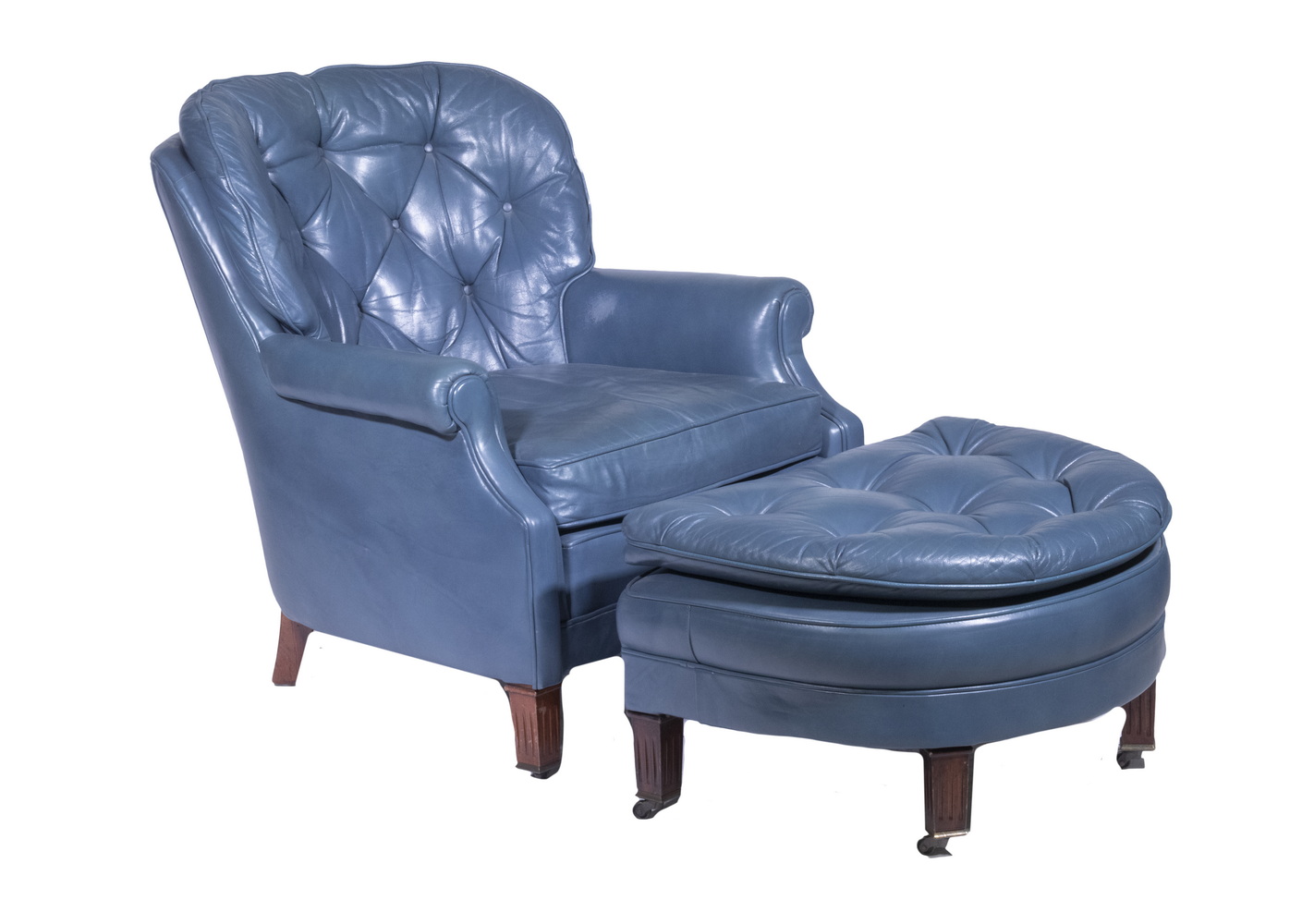 Appraisal: LEATHER LOUNGE CHAIR OTTOMAN Custom Crafted Blue Leather Armchair and