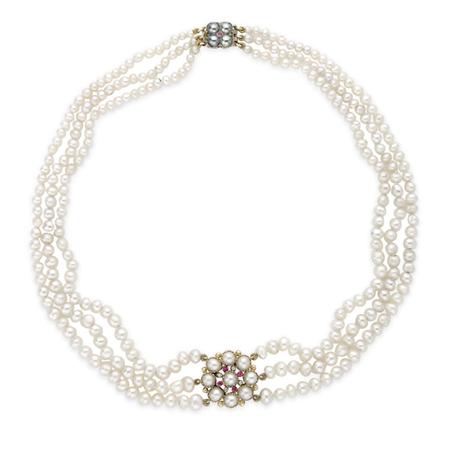 Appraisal: Triple Strand Natural Pearl Necklace with Gold Pearl Ruby and