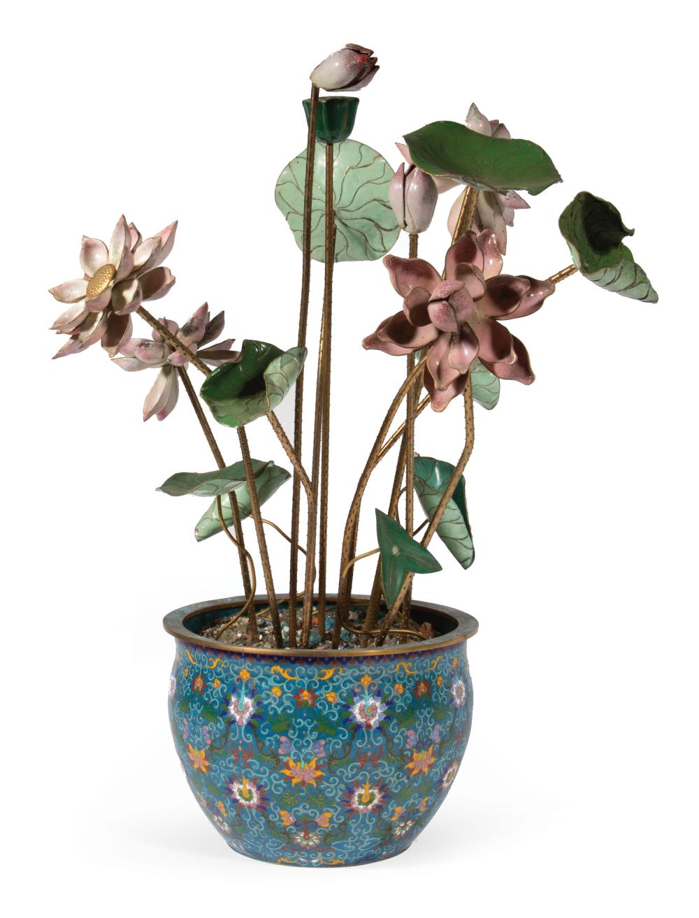 Appraisal: Chinese Cloisonne Enamel Jardiniere Set with Enameled Lotus Flowers and