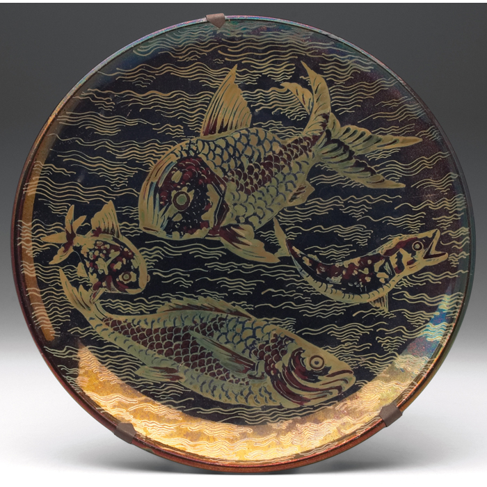 Appraisal: Jerome Massier plate colorful metallic glaze with etched design of