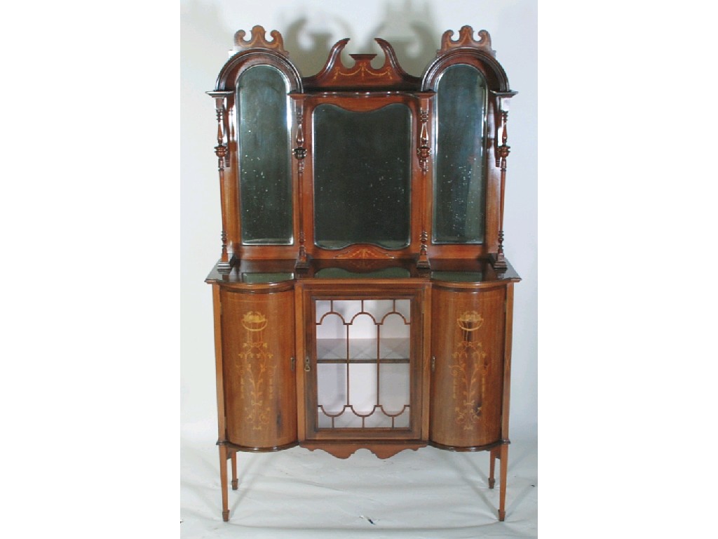 Appraisal: EDWARDIAN MARQUETRY INLAID MAHOGANY TRIPOD MIRROR BACK DISPLAY SIDEBOARD the