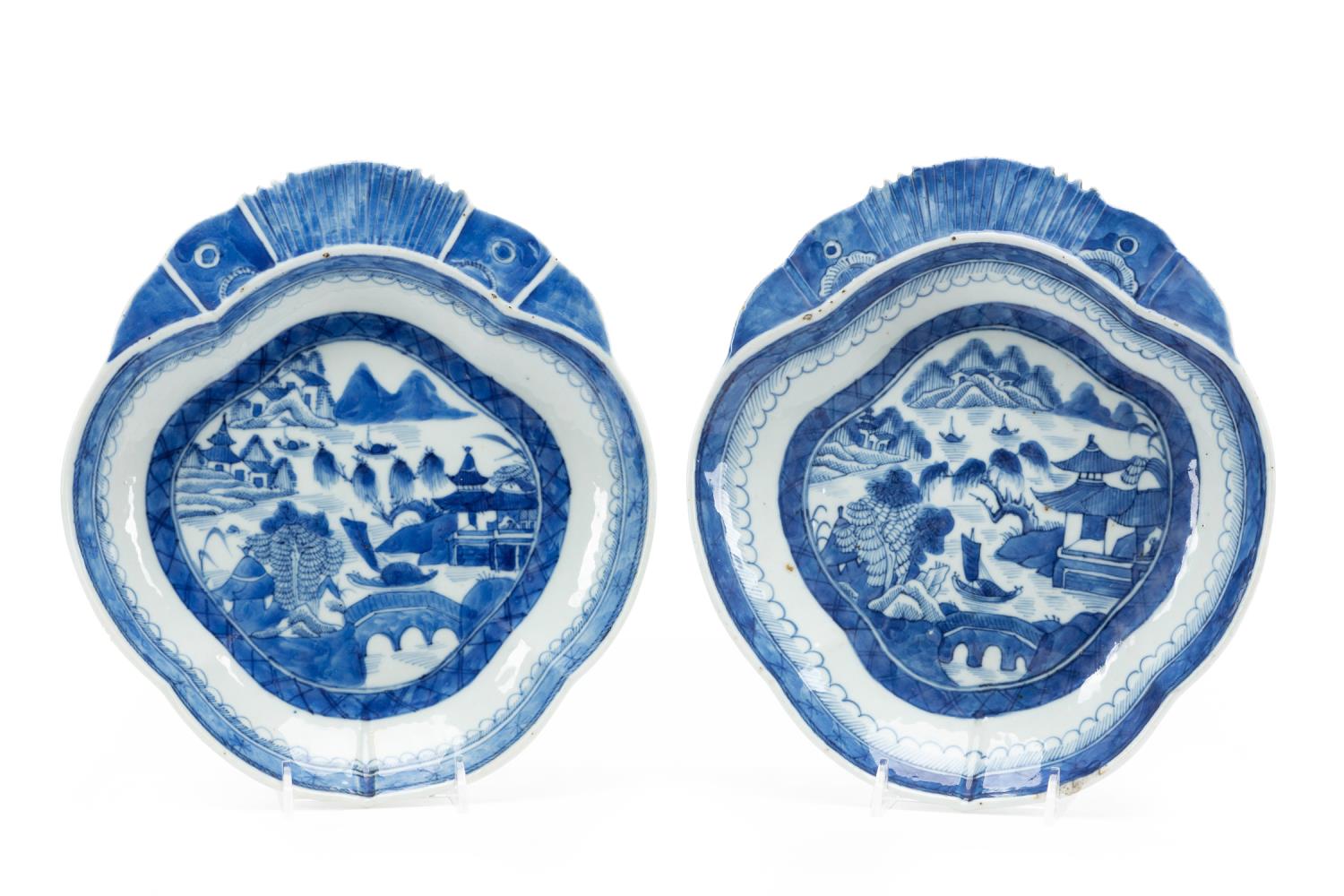 Appraisal: PAIR OF CHINESE BLUE WHITE CANTON SHRIMP DISHES Pair of