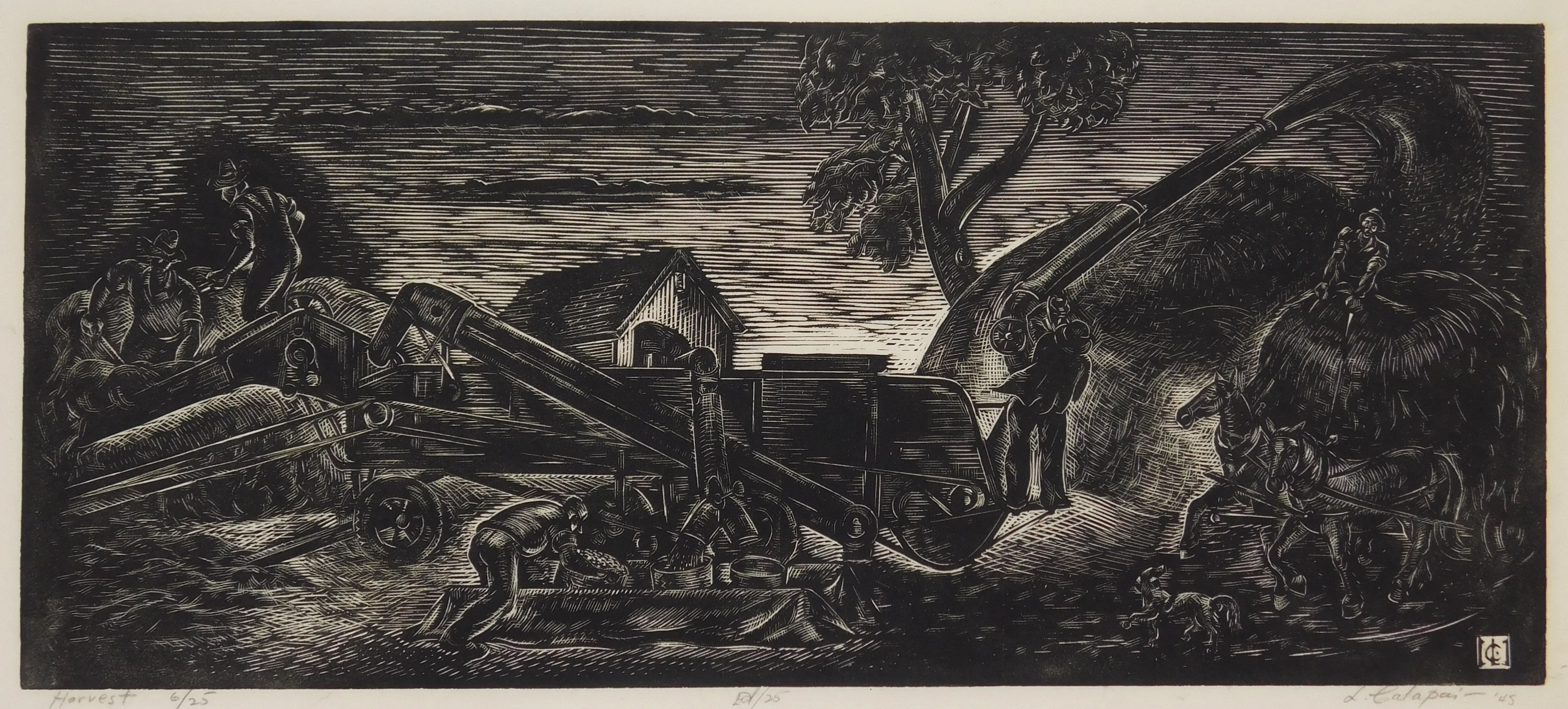 Appraisal: Letterio Calapai - Harvest''- wood engraving signed dated titled and